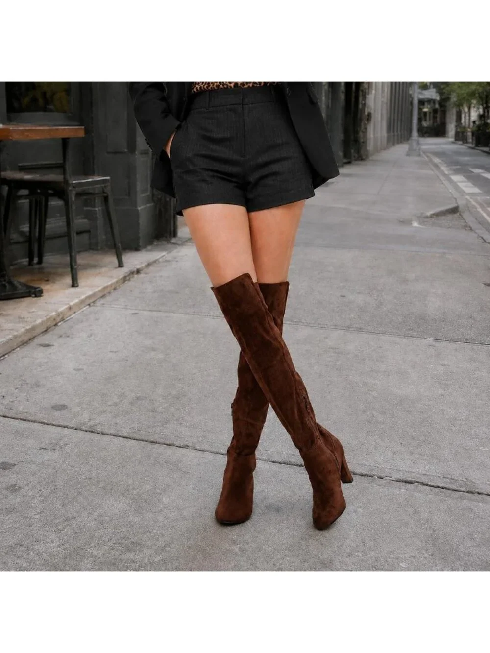 Women's Chocolate Faux Suede Chunky Heel Stretch Over The Knee Thigh High Boots
